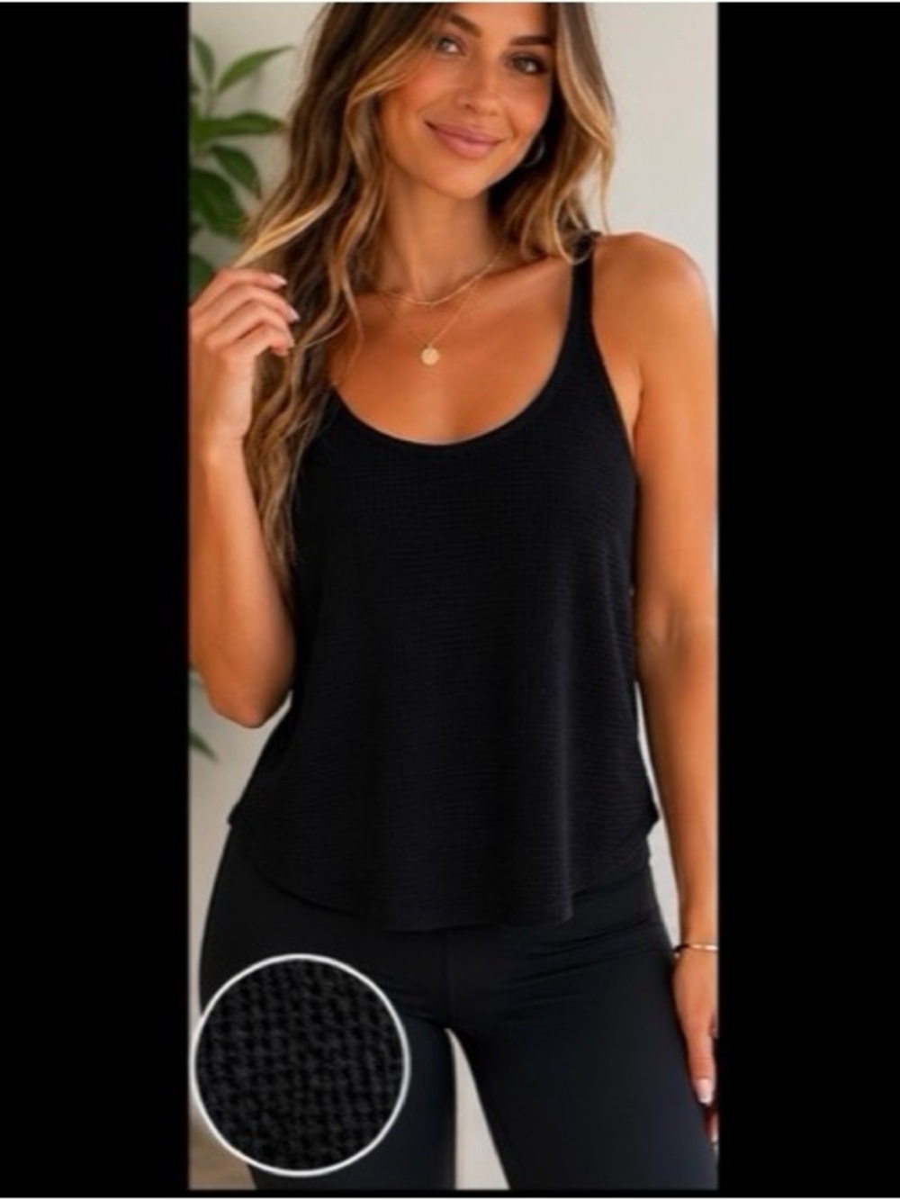 Athleta Black Waffle Knit Tank Top Size M-Soft Textured Relaxed Fit Athleisure